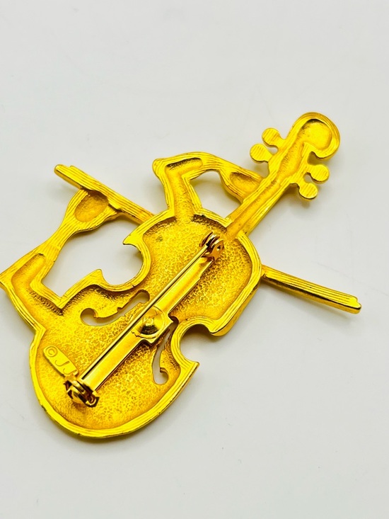 Vintage signed JJ Jonette Jewelry Gold tone Violin Brooch - Picture 3 of 4